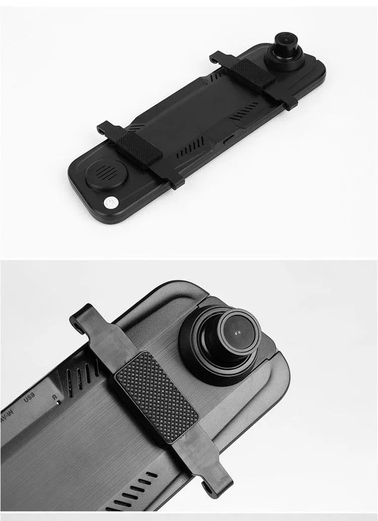 10-inch full screen dash cam with front and rear dual lens recording in 1080p, touch operation, and parking surveillance features.