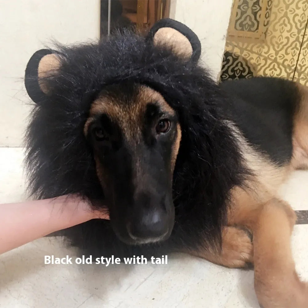 Dog wearing lion head cover in light brown with elastic band adjustment, three sizes S M L