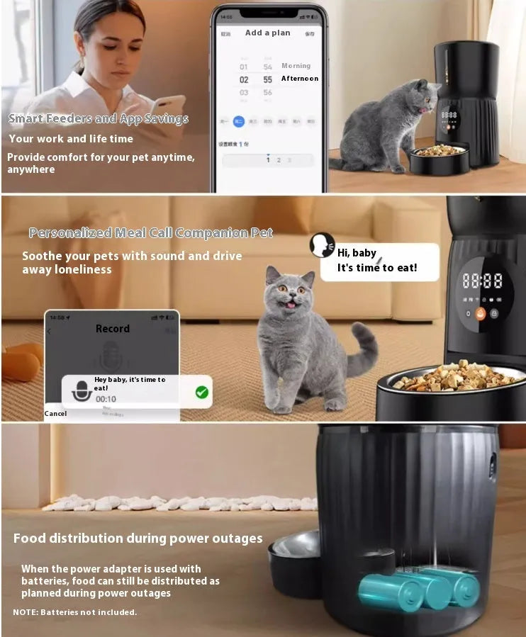 Black and white automatic pet feeder with digital timer display and USB cable