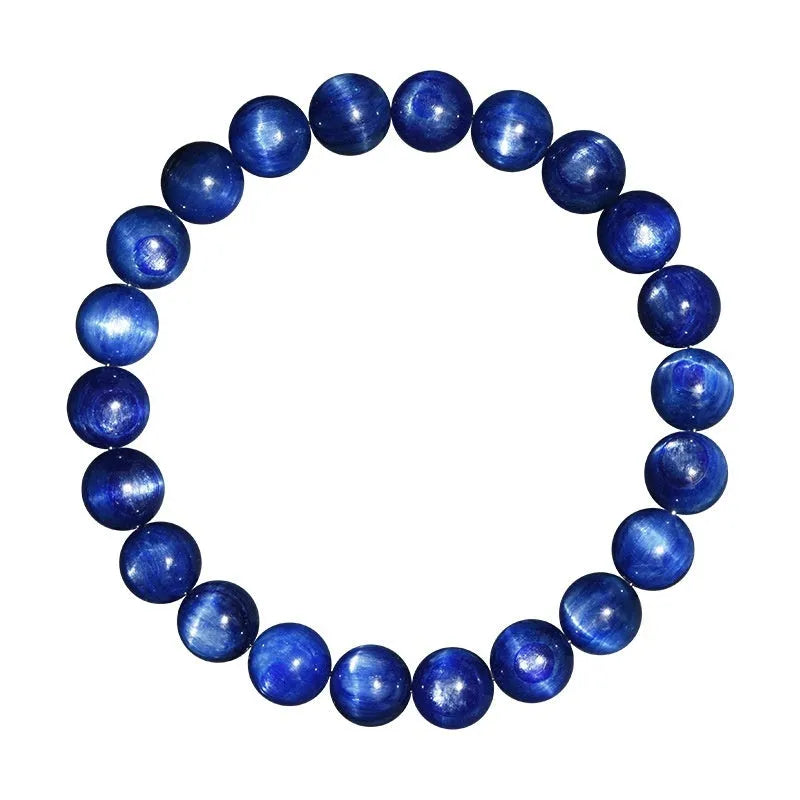 Natural grade 7A blue crystal ball bracelet with geometric beads and a Ruyi charm on a white background.