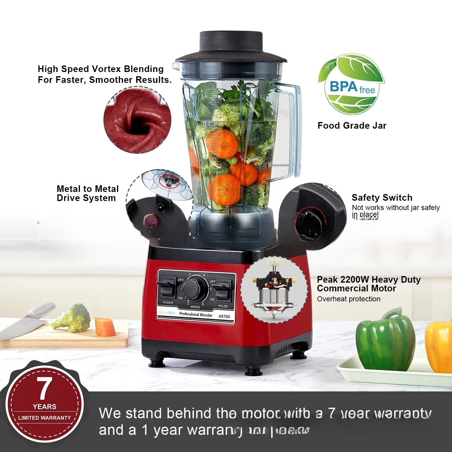 Red commercial blender with 2L stainless steel jug and 2200W motor for professional kitchen use
