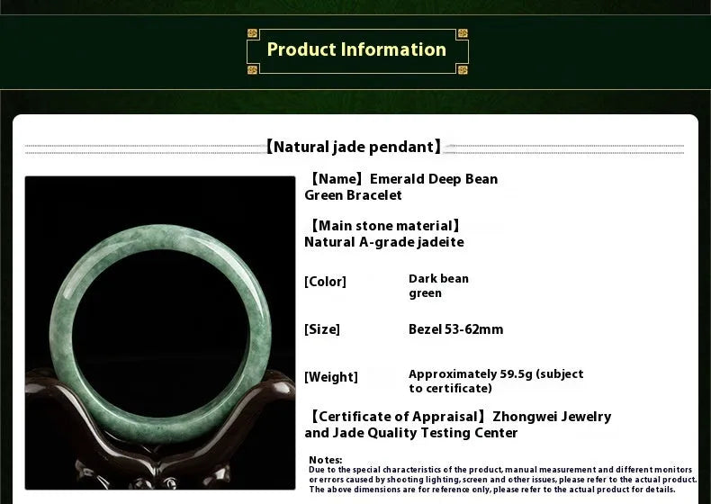 Natural emerald bean green jade bracelet for women, simple style, certificate and gift box included