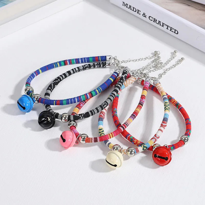 Adjustable ethnic style pet collar with bell necklace pattern in multiple colour options