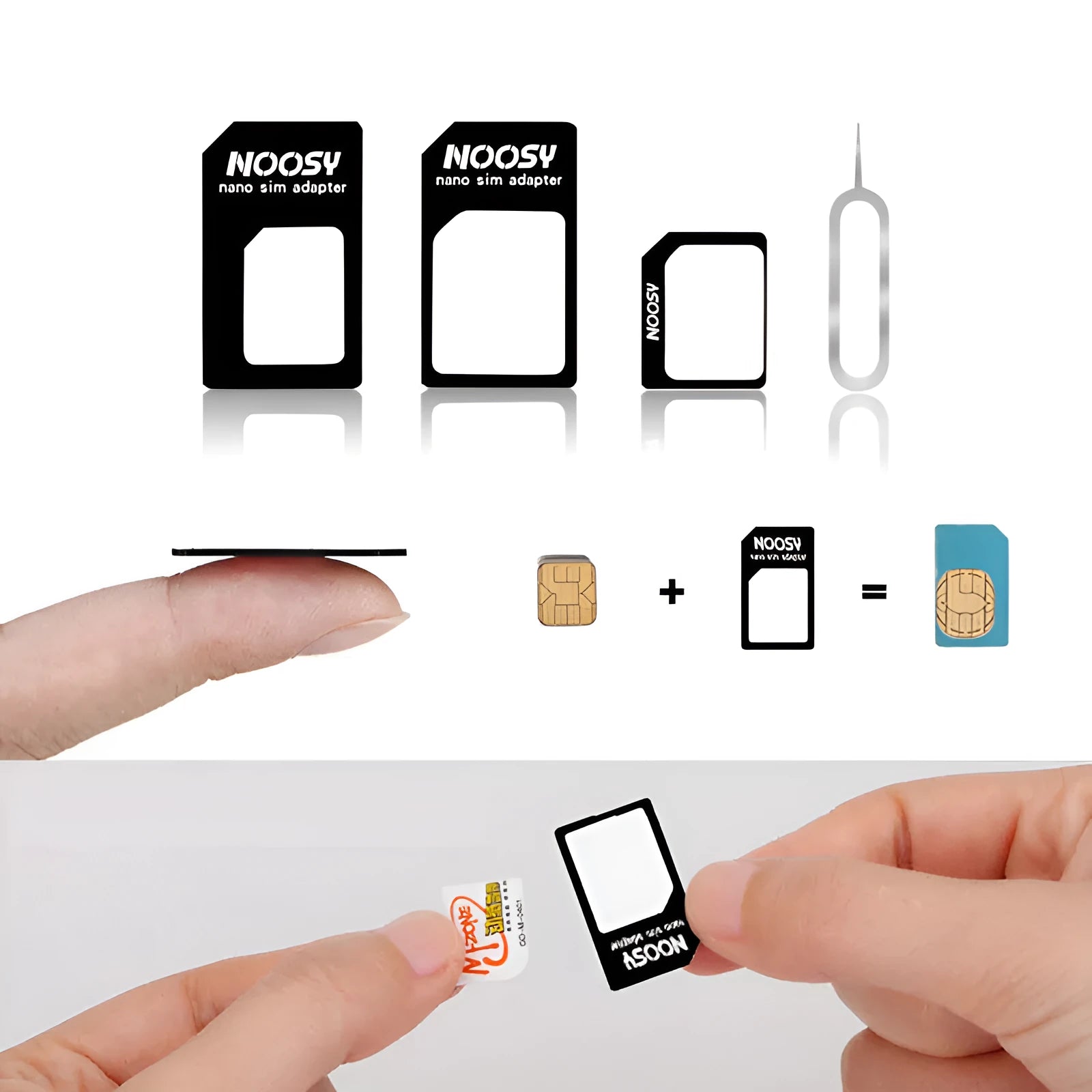 SIM Restore four-in-one adapter set with three SIM cards and metal picking pin in black and white