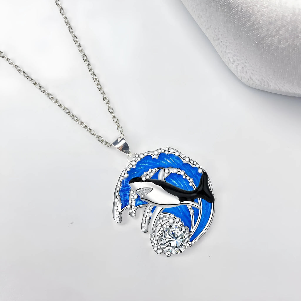 Shark pendant necklace for women on a cross chain, electroplated copper, adjustable length.