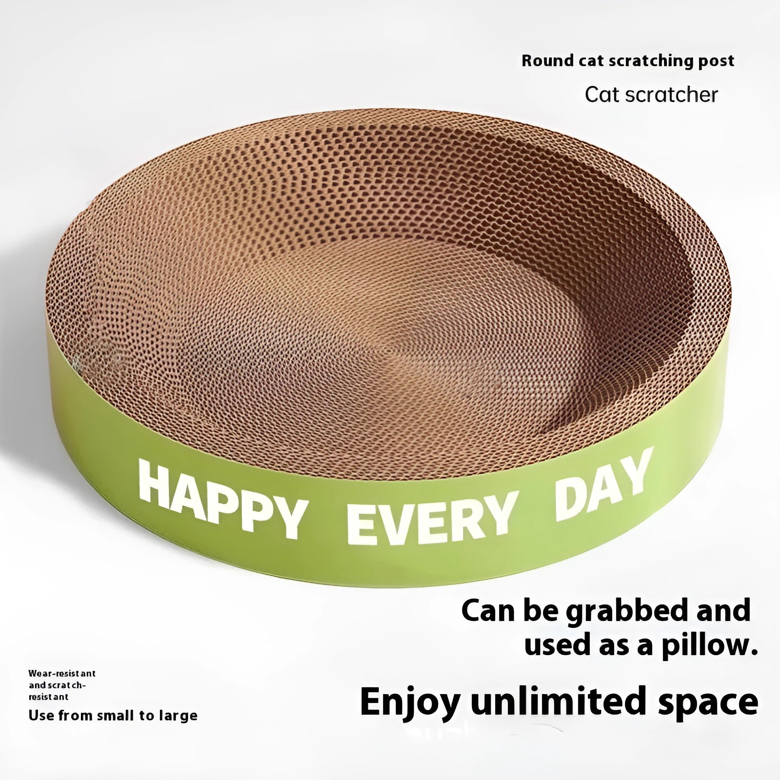 Green round cat scratching board and nest bed combination unit showing integrated design