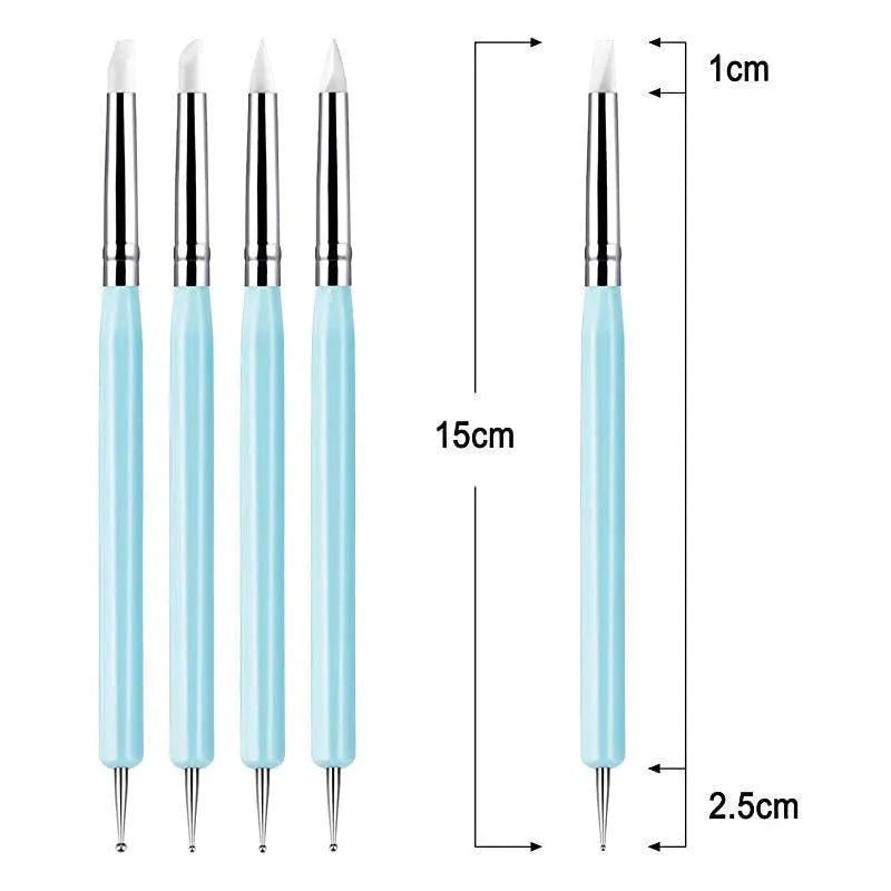 Five blue silicone double point electric drill pens for manicure painting set on light background