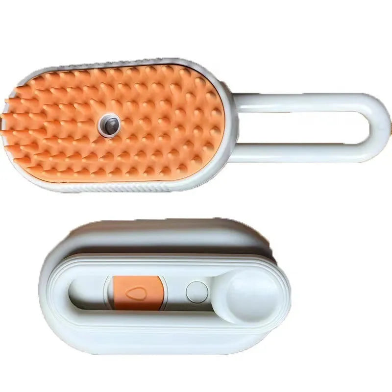 Handheld pet grooming spray brush with massage comb head in avocado green colour.