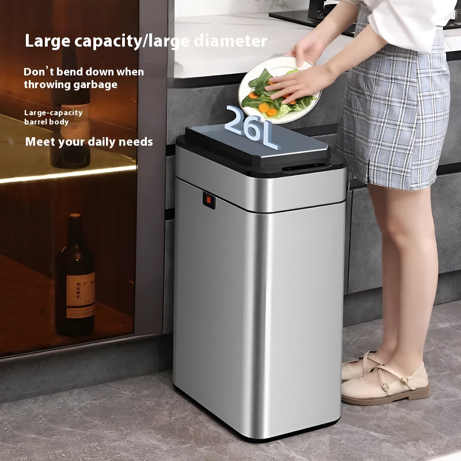 Stainless steel smart inductive trash can with automatic lid and square bucket design.