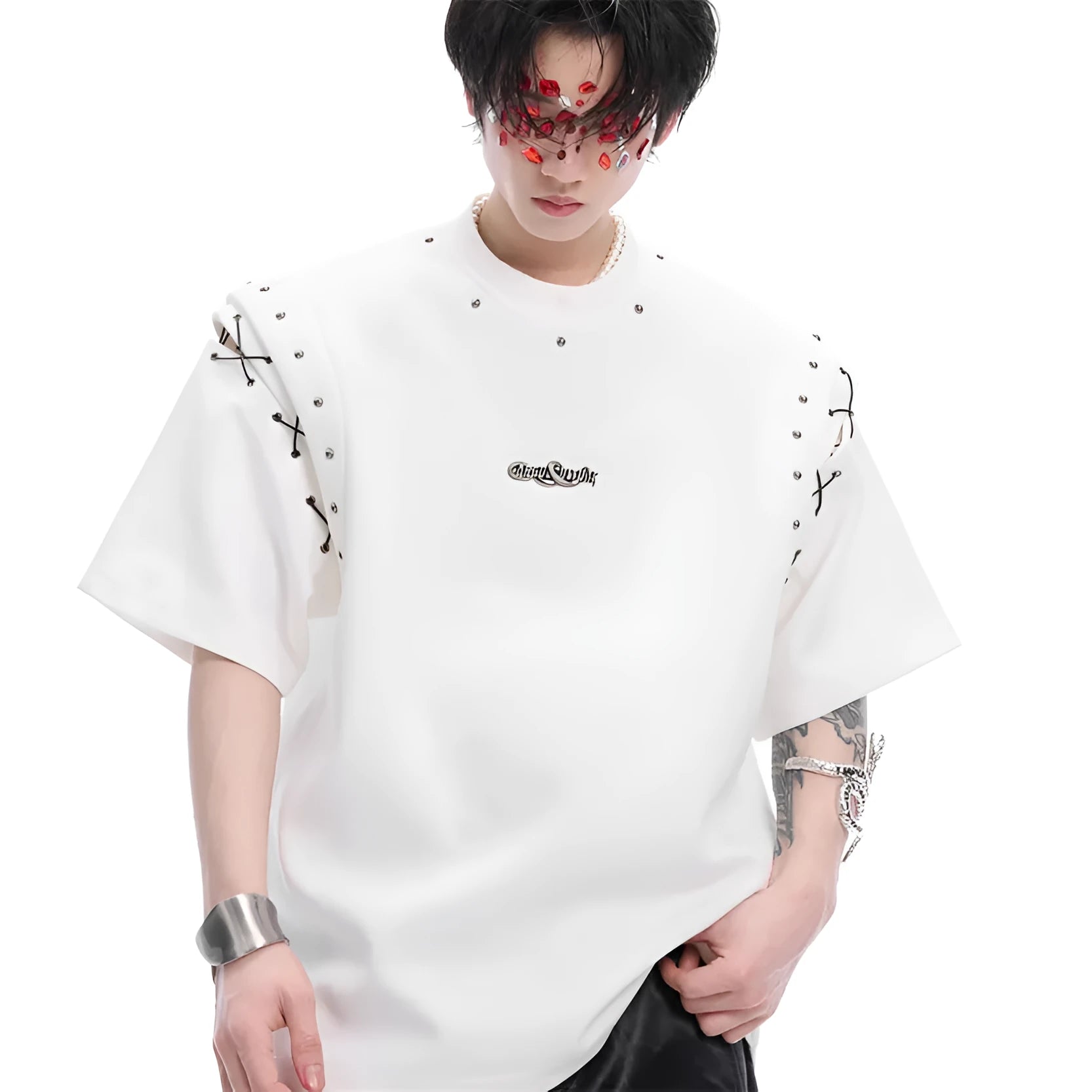 Black short sleeve cotton blend T-shirt with a lace-up cutout design detail on the front.