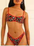 Cherry print tube top bikini swimsuit for women in polyester with floral pattern, front view