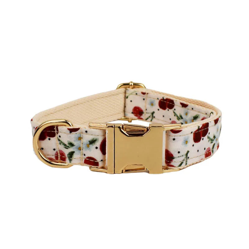 Red cherry printed dog collar set with light gold buckle and bow strap on cloth leash
