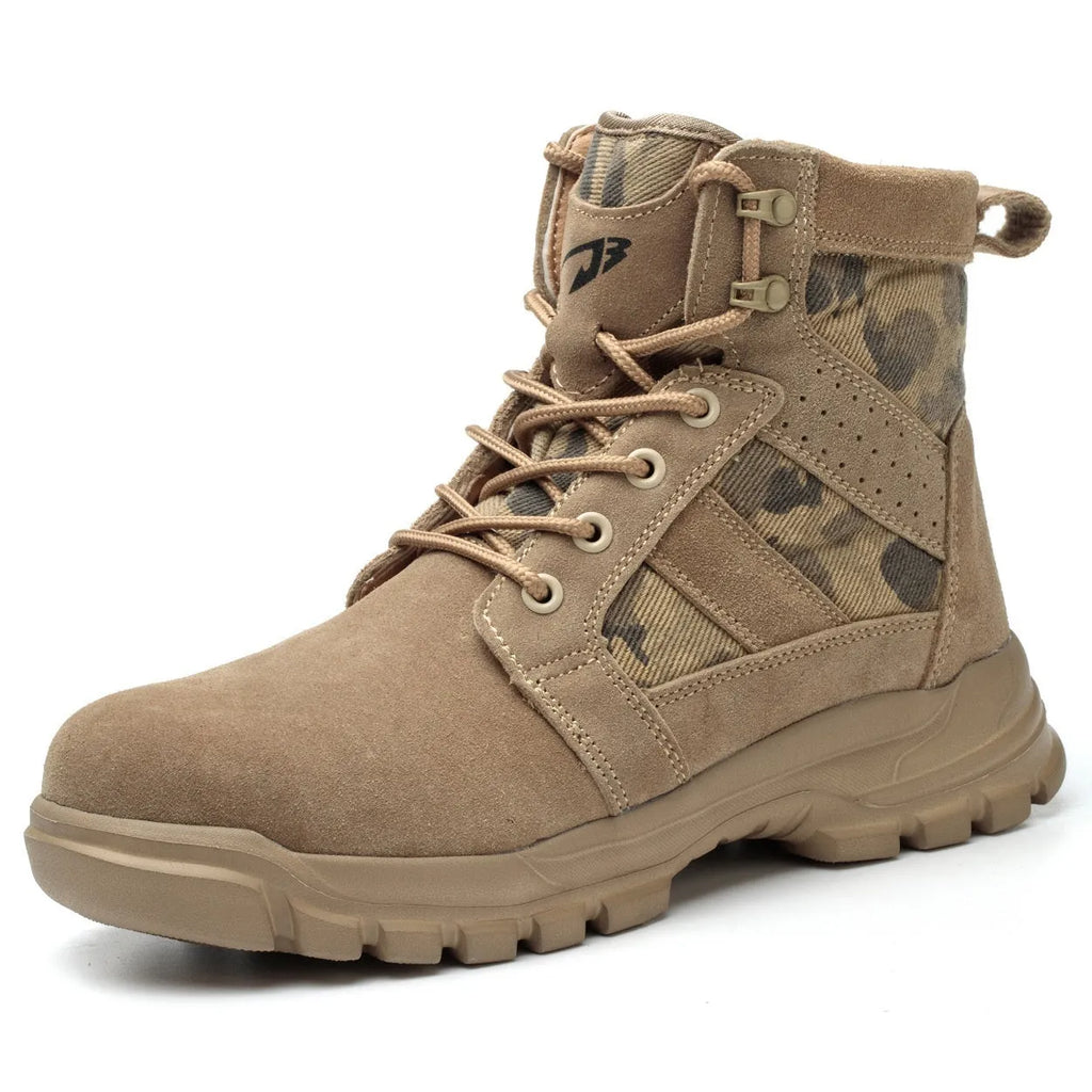 Khaki steel toe cap combat boots with suede upper and round head, laced up on a white background