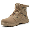 Khaki steel toe cap combat boots with suede upper and round head, laced up on a white background