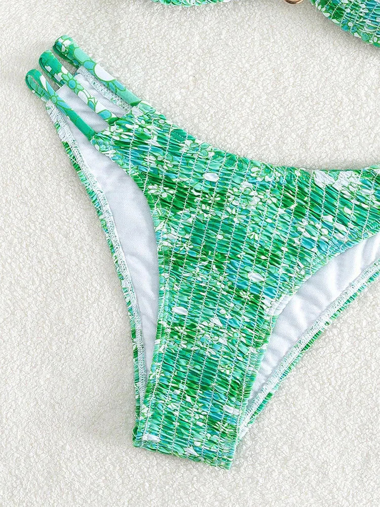 Women's high-waist floral bikini swimsuit in blue, orange, pink, or rose red.