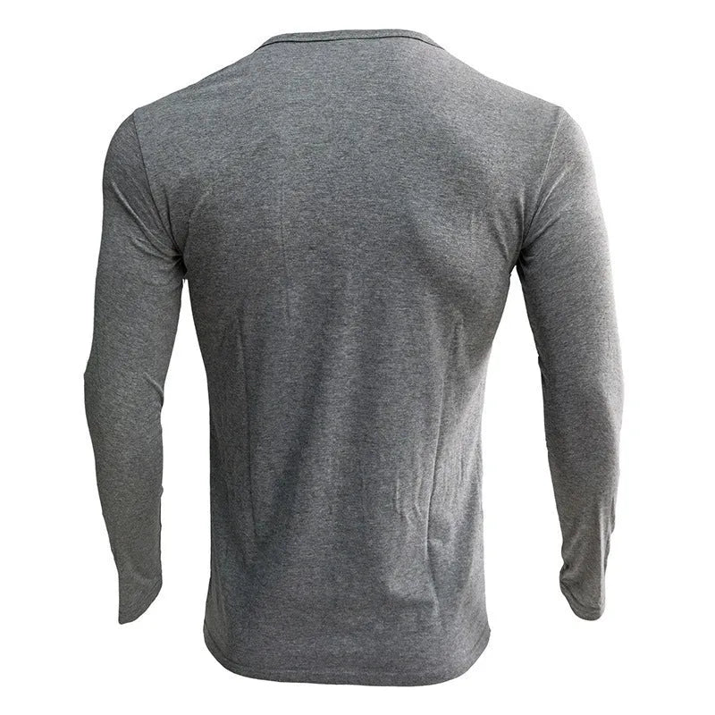 Men's long sleeve cotton blend pullover t-shirt in solid colour, Blue Gray Wine Red options, European and American style