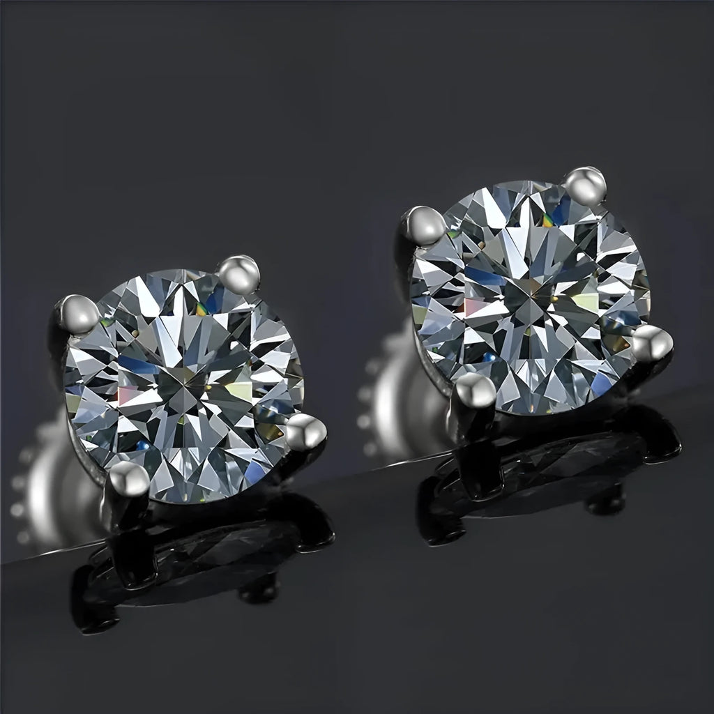 Screw back four claw moissanite stud earrings with geometric 7mm stone in sterling silver setting