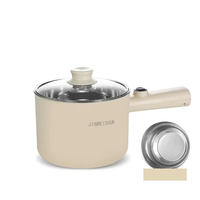 Mini hot pot electric cooker in green with stainless steel body, non-stick pot, and steam grid option for portable cooking