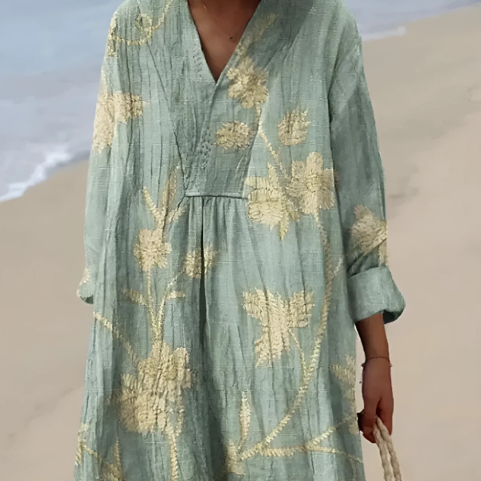 Women's floral shirt dress with 3D printed pattern showing princess silhouette and wide waist design