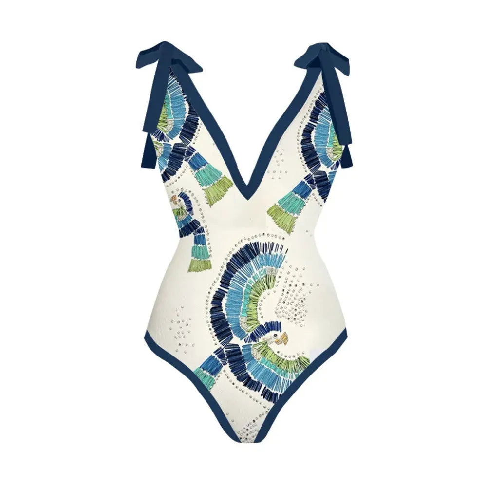 French retro one-piece swimsuit backless design with matching skirt, blue colour option