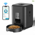 Pet intelligent automatic feeder for cats with white body and button controls, on a kitchen counter