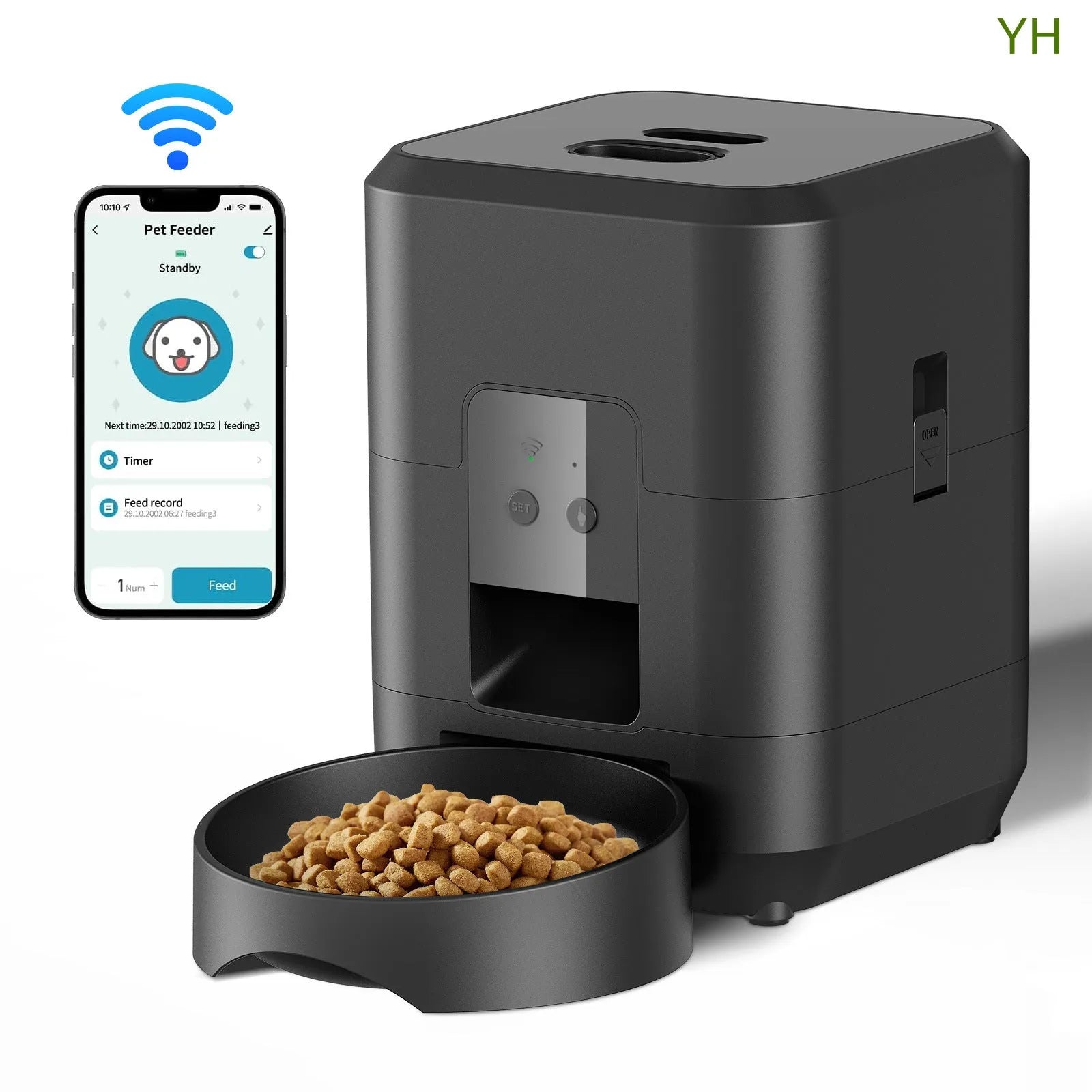 Pet intelligent automatic feeder for cats with white body and button controls, on a kitchen counter
