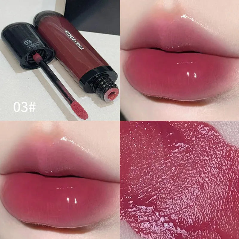 Black Citrus mirror lip lacquer in six shades showing shiny finish and colour options