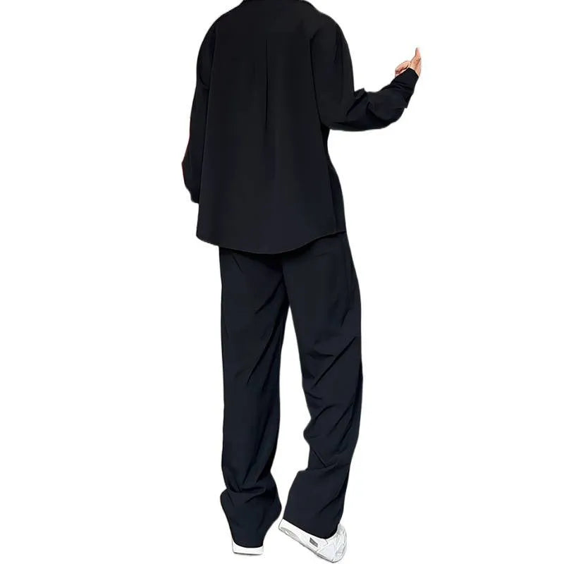 Men's black elastic hemp polo shirt and trousers two-piece casual suit for plus sizes