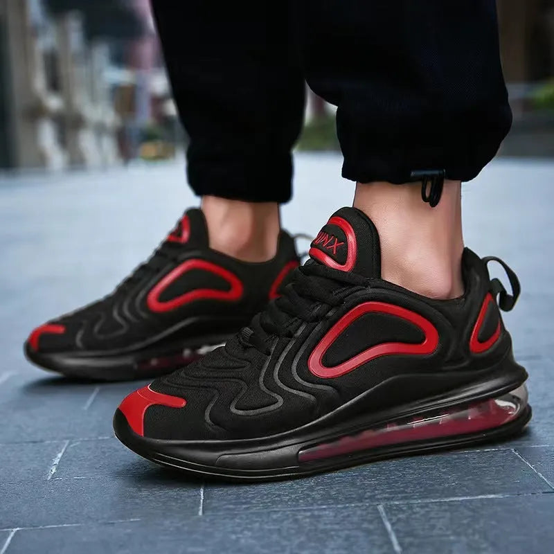 Men's black casual sneakers with a thick sole and lace-up design for running and sports.