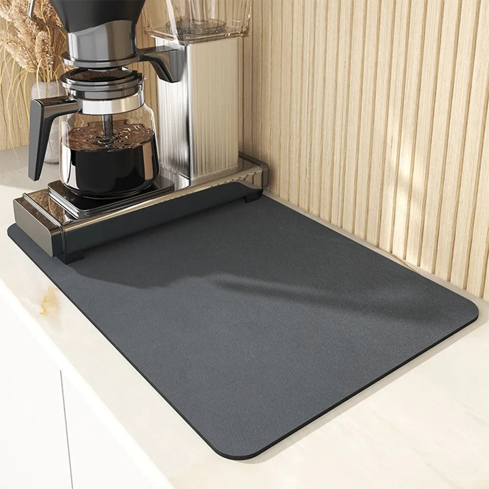 Super absorbent dish drying mat with PU leather surface and non-slip rubber backing, 30x40cm size in black