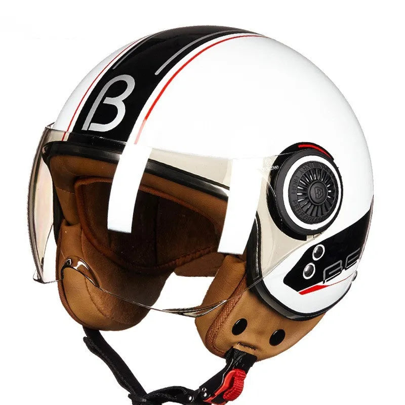 Battery car half helmet in Bright White Red Blue colour, lightweight semi-covered ABS construction, size M to XL