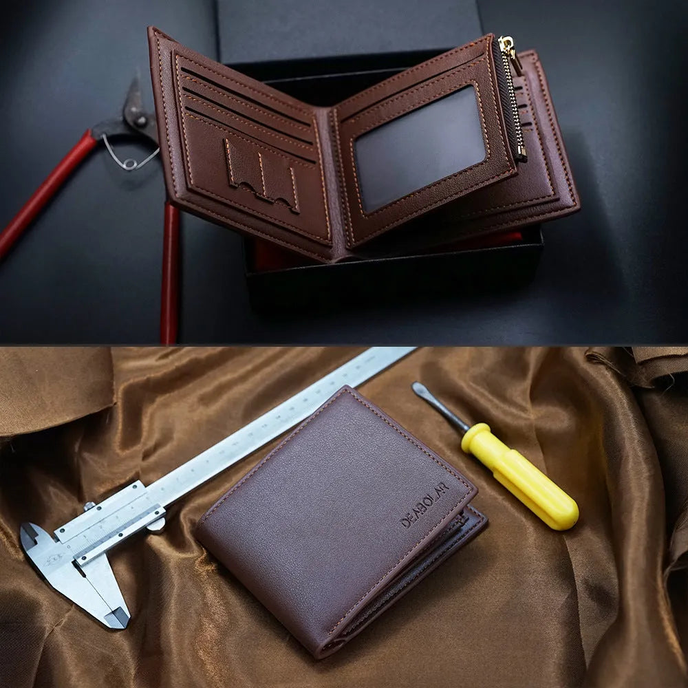 Men's brown leather wallet with a zipper closure, shown front view.