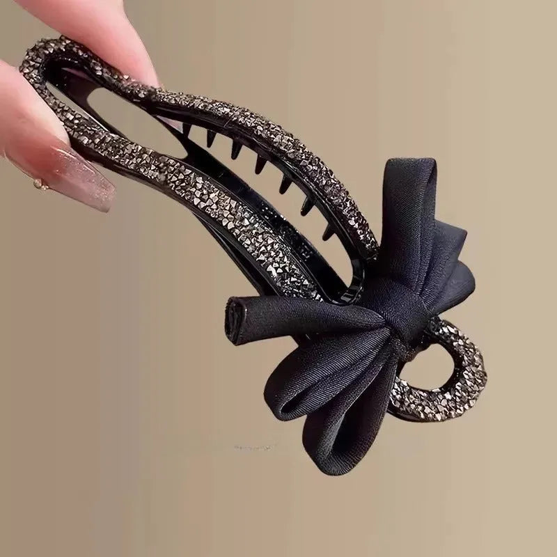 Black crystal bow acrylic hair claw 11.5cm total length, manual processed women's updo accessory