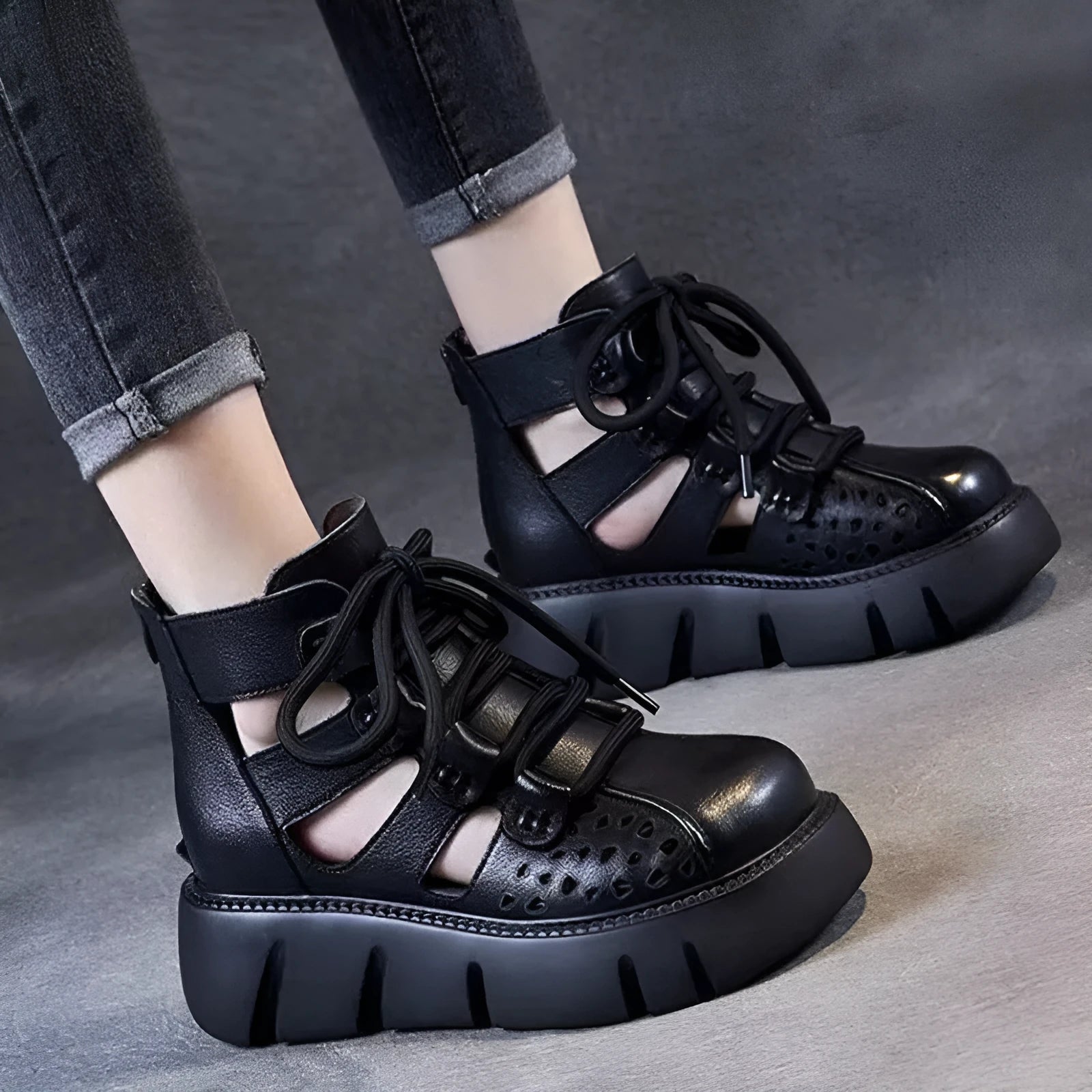 Women's platform sandals with hollow hole design, fish-mouth toe, PU sole, in black colour