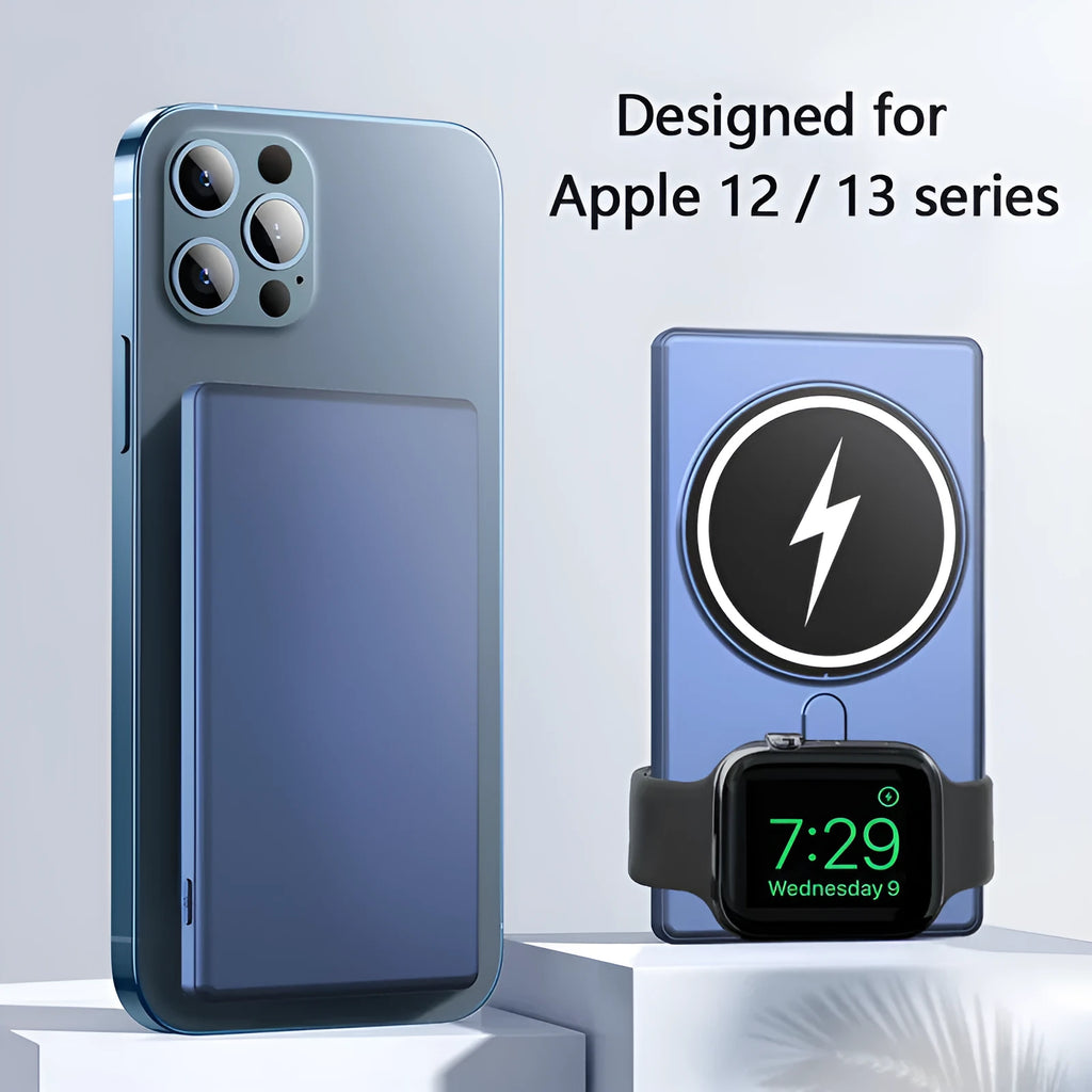 Three-in-one magnetic wireless charging power bank 5000mAh ultra-thin black and blue PVC shell