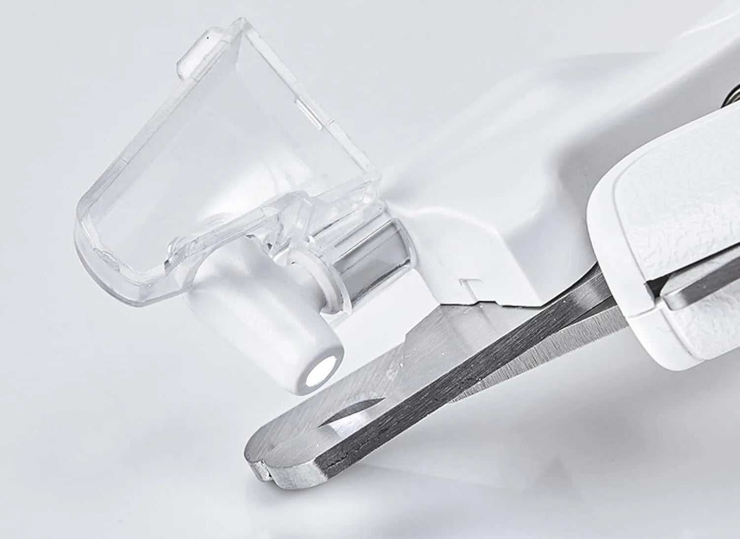 White pet nail clippers with LED light, transparent anti-splash guard, and a leather-like handle.