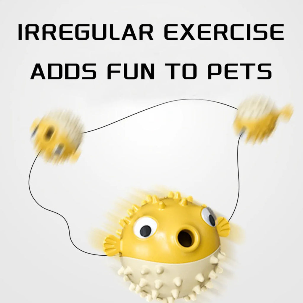 Yellow fish-shaped vinyl dog chew toy with textured surface and squeaker.