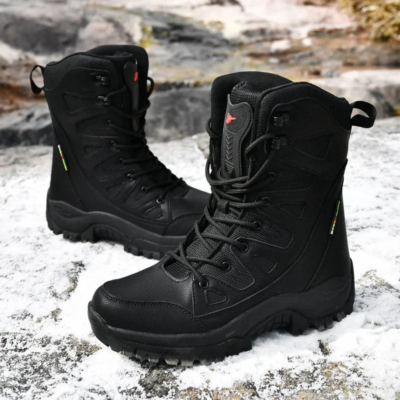 Cowhide hi-top hiking shoes with platform sole for trail running and climbing