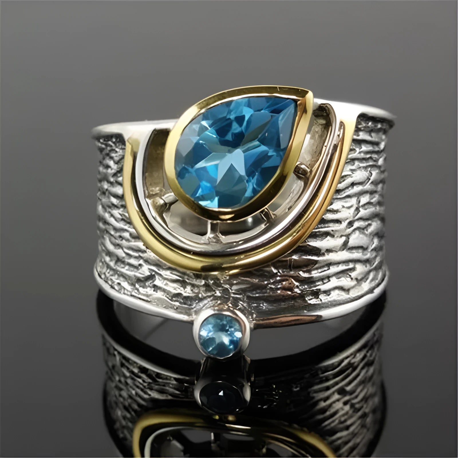 Blue alloy women's ring with Chinese style drop shape design and inlaid zircon rhinestone detailing