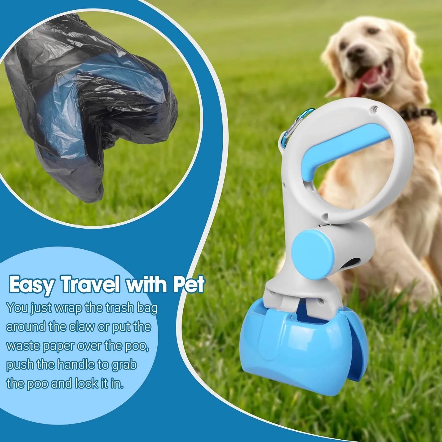 Black pet pooper scooper with built-in bag holder and top carry hook on a grassy background.