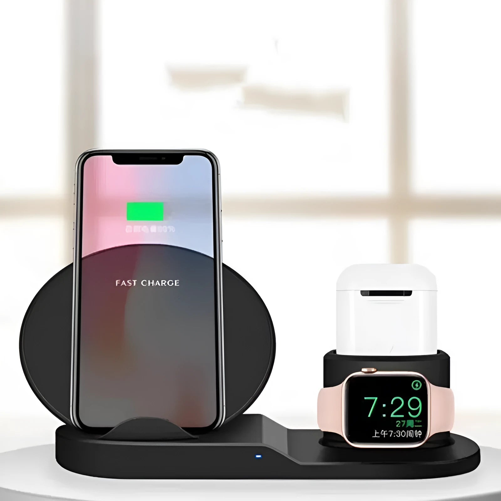 Black three-in-one wireless charger station with phone pad and watch output on a desk, 10W fast charging