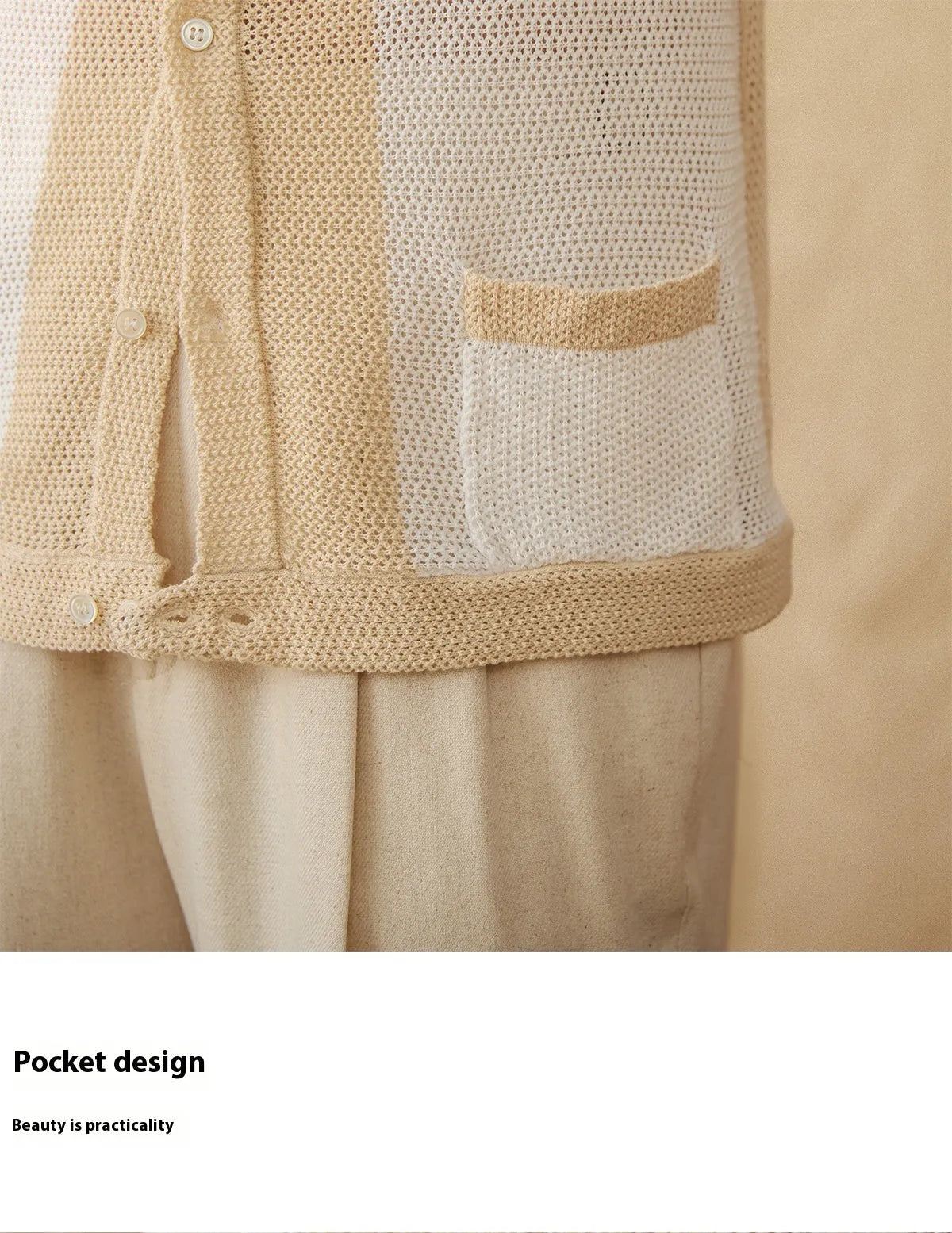 Hollow cotton and linen lapel short-sleeved cardigan knitted top in beige and chocolate colours