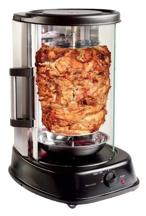Black 21L electric rotisserie with glass door, control dials, and stainless steel interior