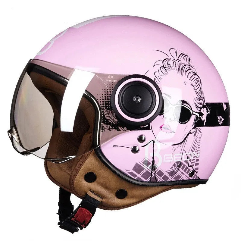 Battery car half helmet in Bright White Red Blue colour, lightweight semi-covered ABS construction, size M to XL