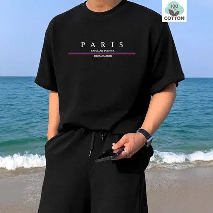 Men's loose fit pure cotton short-sleeved T-shirt with letter printing in apricot colour