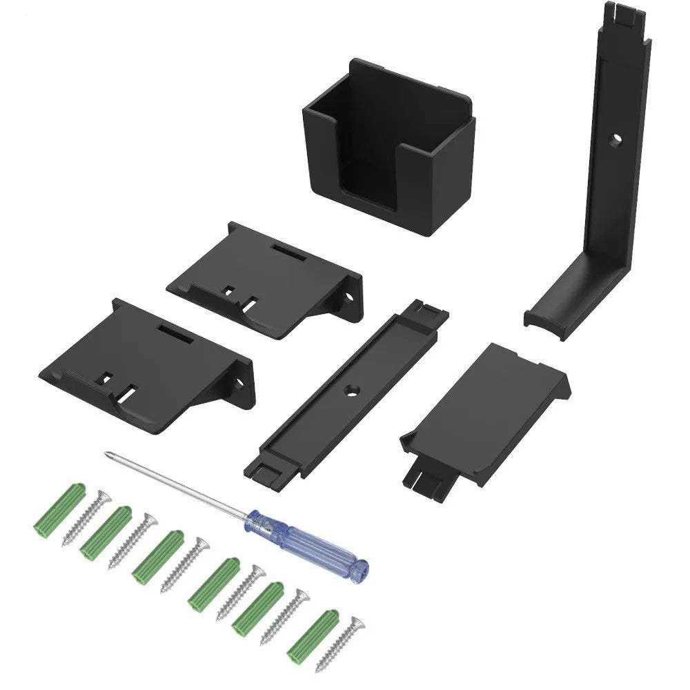 White ABS plastic wall-mounted hook holding a PS5 controller and gaming headset.