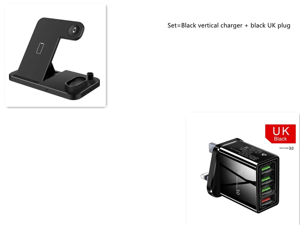 Black 4-in-1 wireless charging station for iPhone, Apple Watch, AirPods and Apple Pencil on a desk