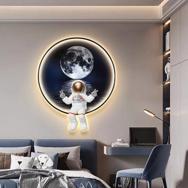 Canvas spaceman wall painting bedside lamp with USB cable in small size modern children's room decor