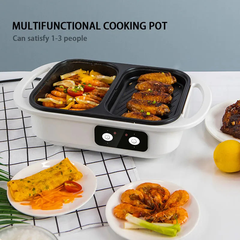 Green and white dual-function electric caldron and frying oven with mechanical controls and 1300W power rating