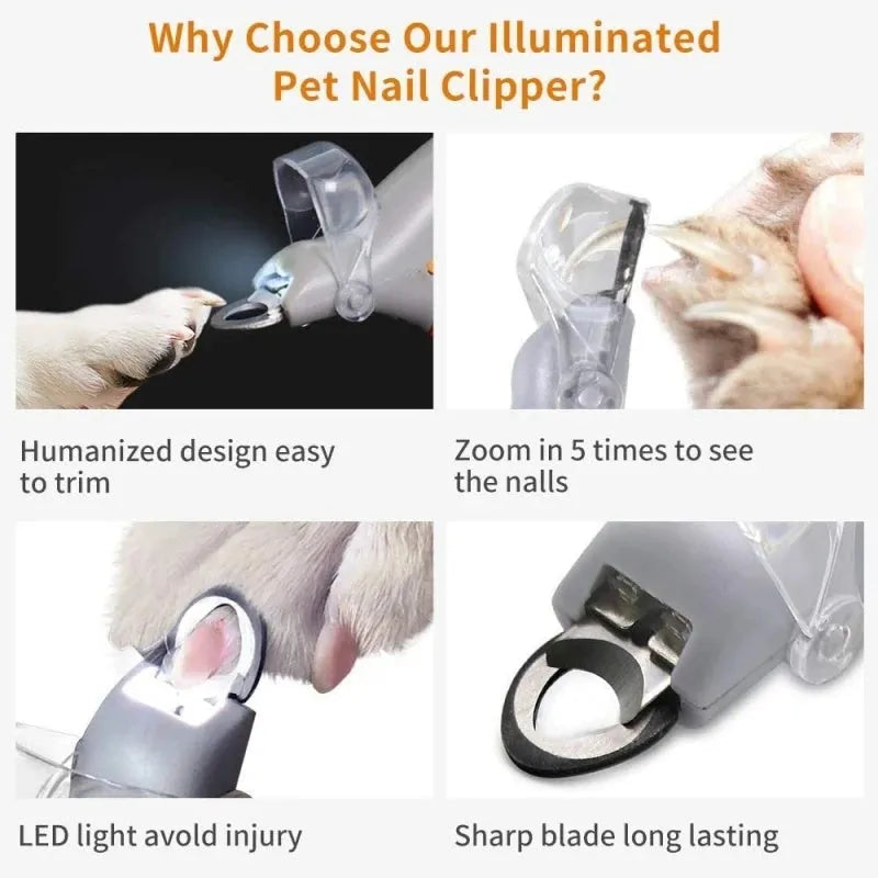 Yellow pet nail clipper with LED light, magnifying lens, and non-slip handle for dogs and cats.